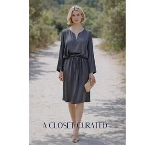 Raquel Allegra Satin Belted Mid Length Dress 0 Gunmetal Grey